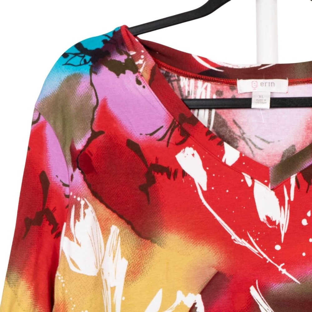 Boho Abstract Shirt XL Bright VNeck Red Yellow Stretch Fairy Festival Whimsy - Picture 2 of 6